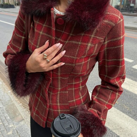 Multicolor Casual Women's Christmas Plaid Faux Fur Jacket - Picture 8 of 8